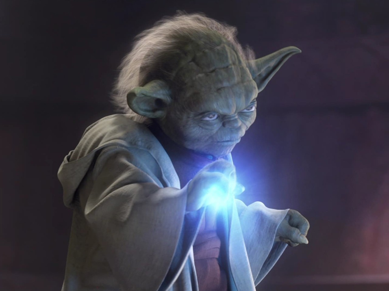 Grand Master Yoda absorbing Darth Tyranus' Force lightning.