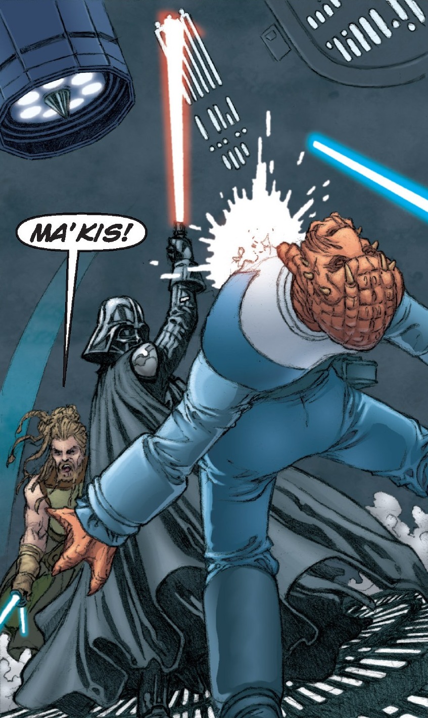 Vader killing Ma'kis'shaalas during the battle within the Conclave on Kessel.