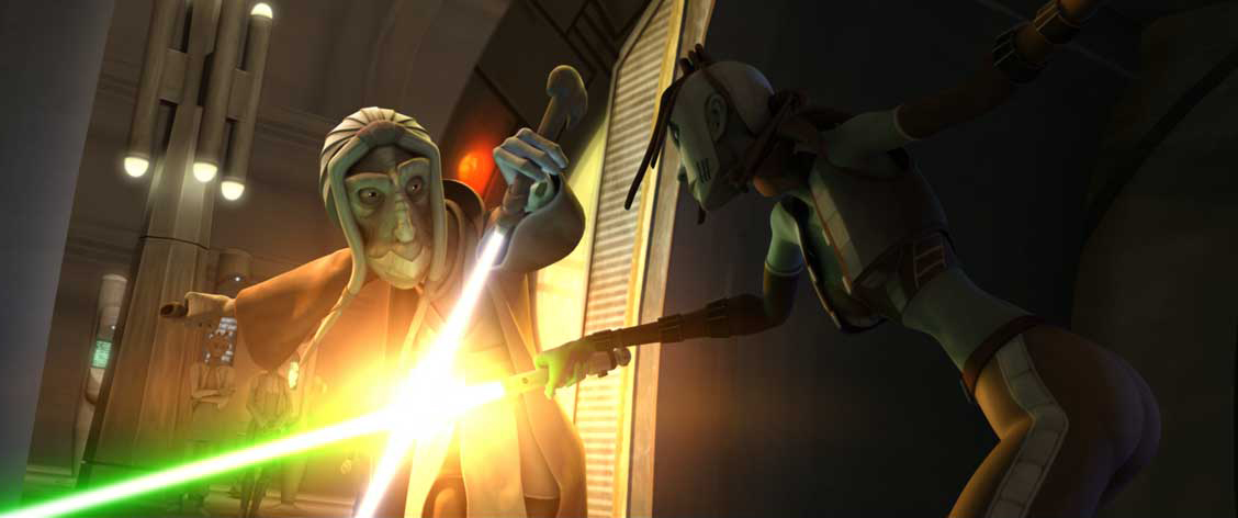 Sinube wielding the lightsaber while dueling Cassie Cryar