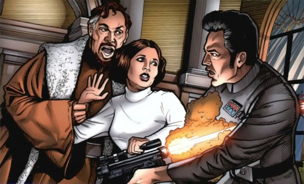 Lord Tion was killed by his own blaster during a scuffle with Princess Leia.