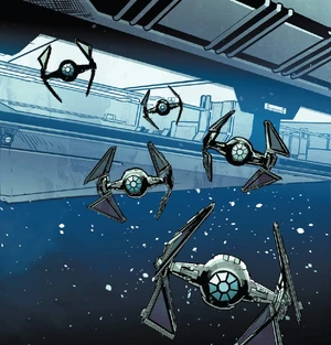 Five gray TIE Interceptors emerge from the hangar of a Star Destroyer in space.