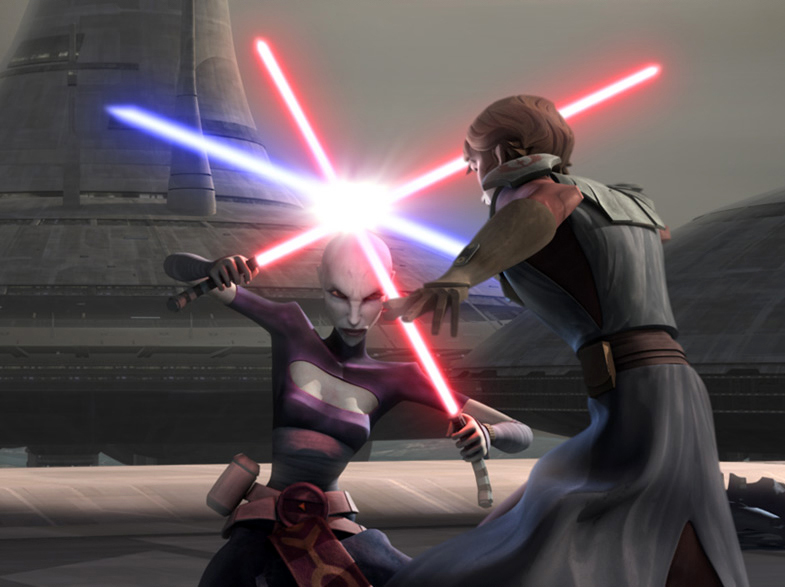 Asajj Ventress duels Anakin Skywalker during the assault on Kamino.