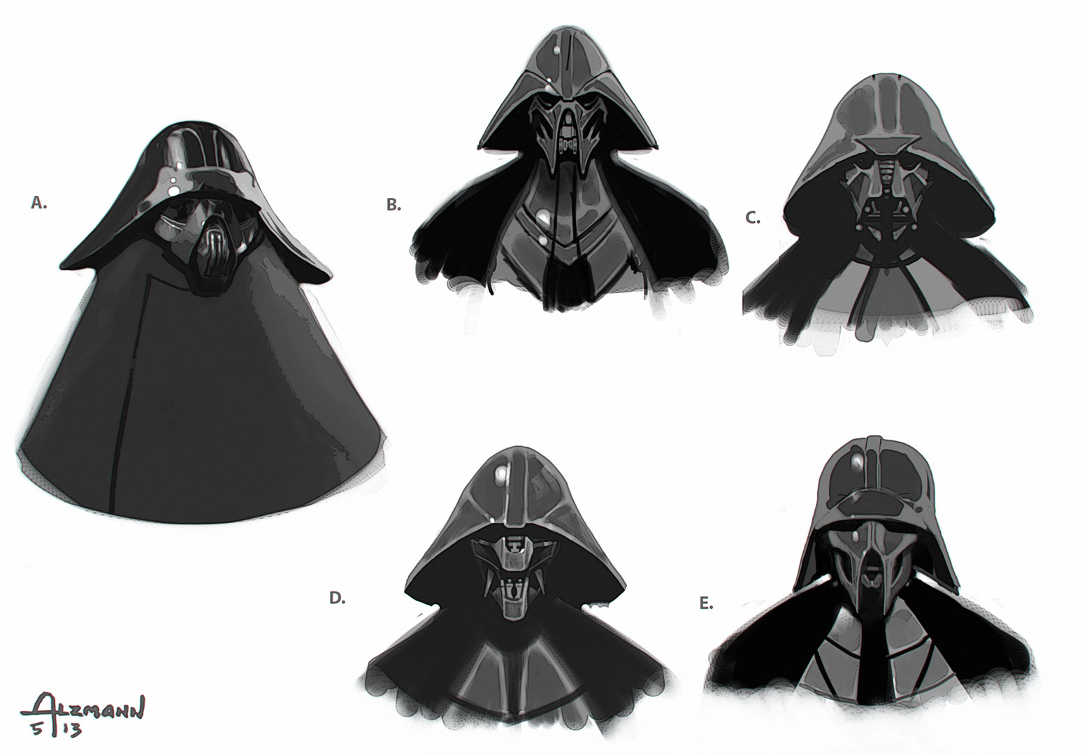 Several unused helmet designs were considered for the "Jedi Killer," the character who became Kylo Ren.