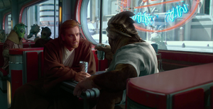 Obi-Wan confers with Dexter Jettster in Dex's Diner