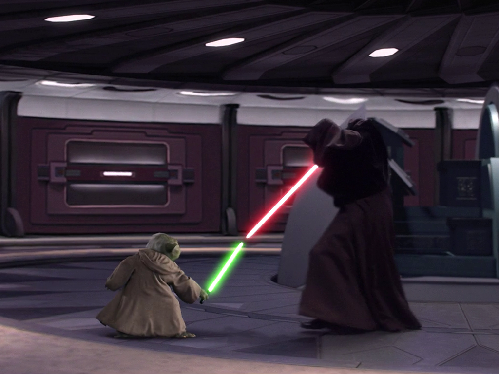 Master Yoda duels Darth Sidious in the holding chamber