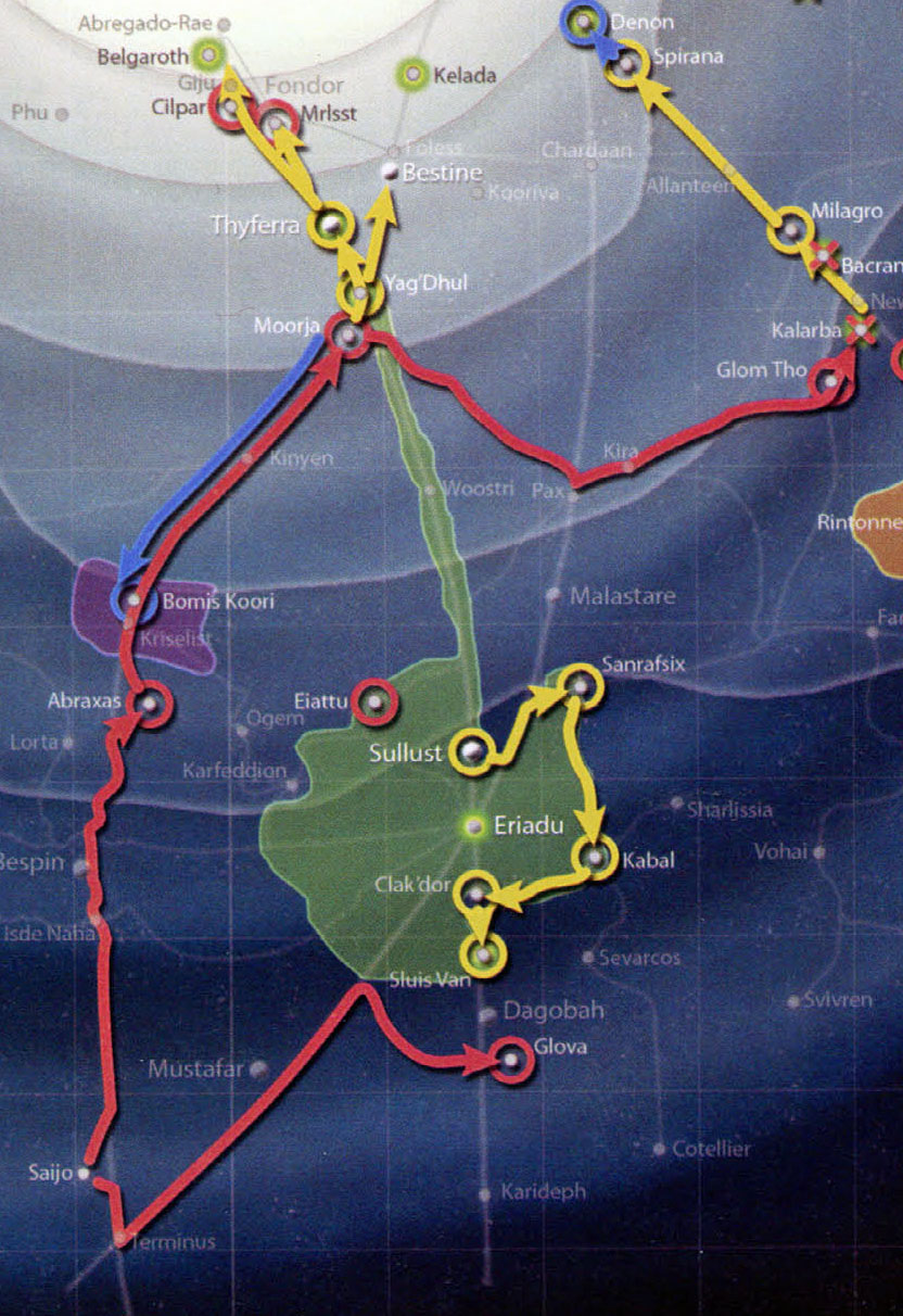 A map showing First Fleet's advances and gains from 4 ABY–6 ABY