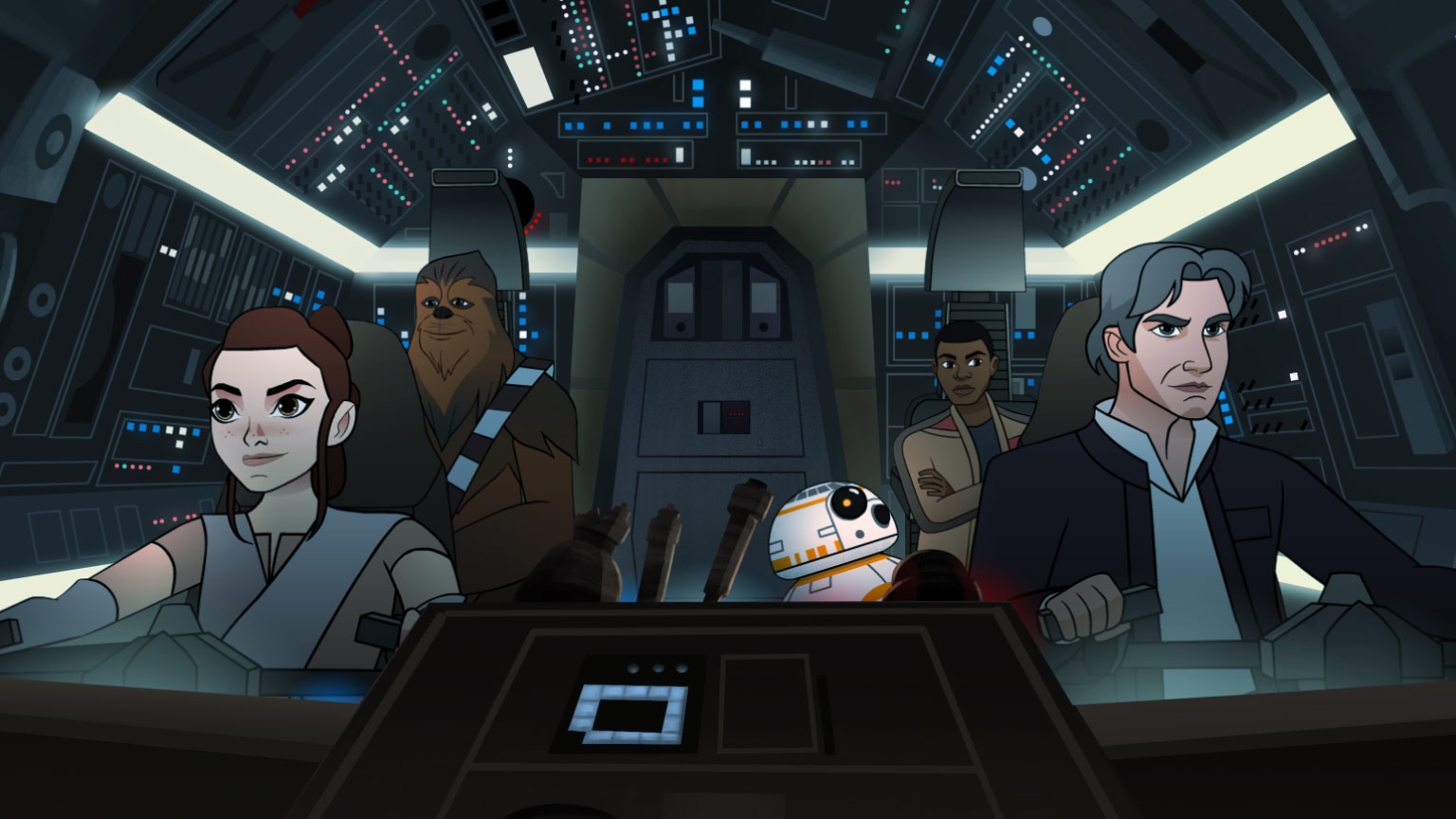 Finn, Rey, Han, and Chewbacca in the Millennium Falcon's cockpit.