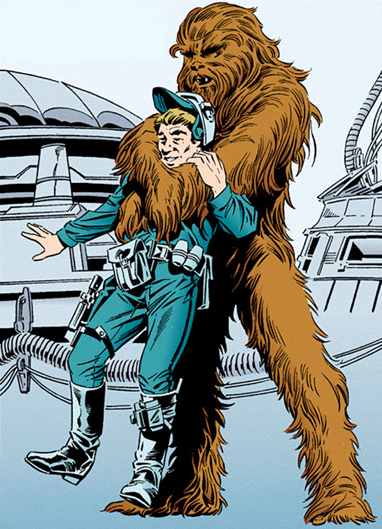 Groznik embraces Throm Loro. The Wookiee never fully recovered from the grief or guilt following Loro's death.