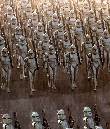 A legion of clone troopers marching in formation.