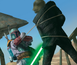 Boba Fett uses his fibercord whip against Luke Skywalker