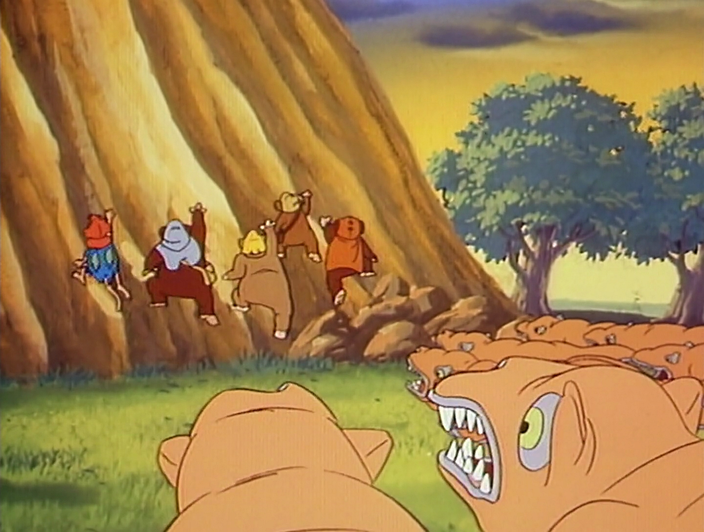 The Ewoks and Mring-Mring are chased by the frosch.