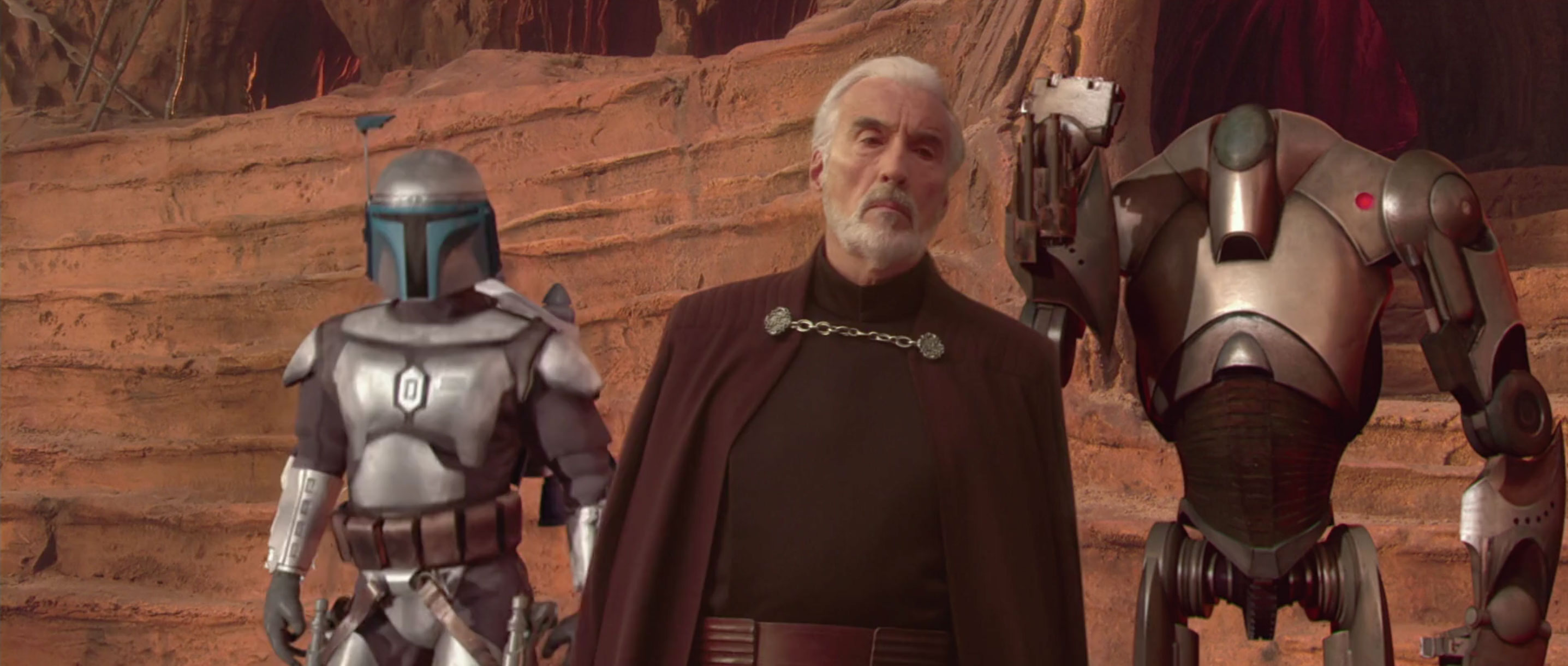 The Jedi confronted Dooku on Geonosis, where he was guarded by Jango Fett and an army of Separatist battle droids.