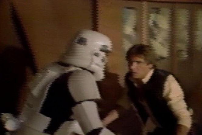 Han confronts the stormtrooper.