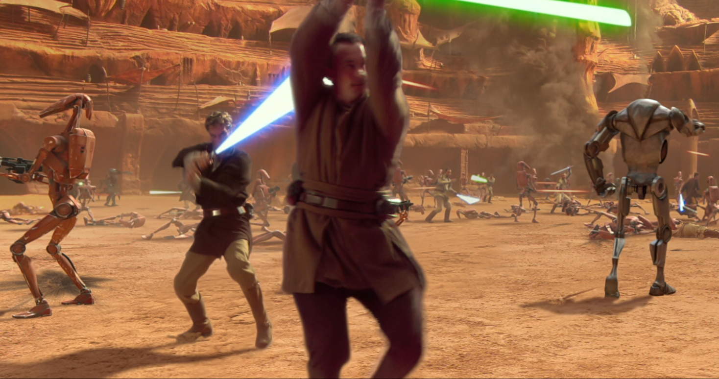 Lumas (second from left) fought droids in the arena.