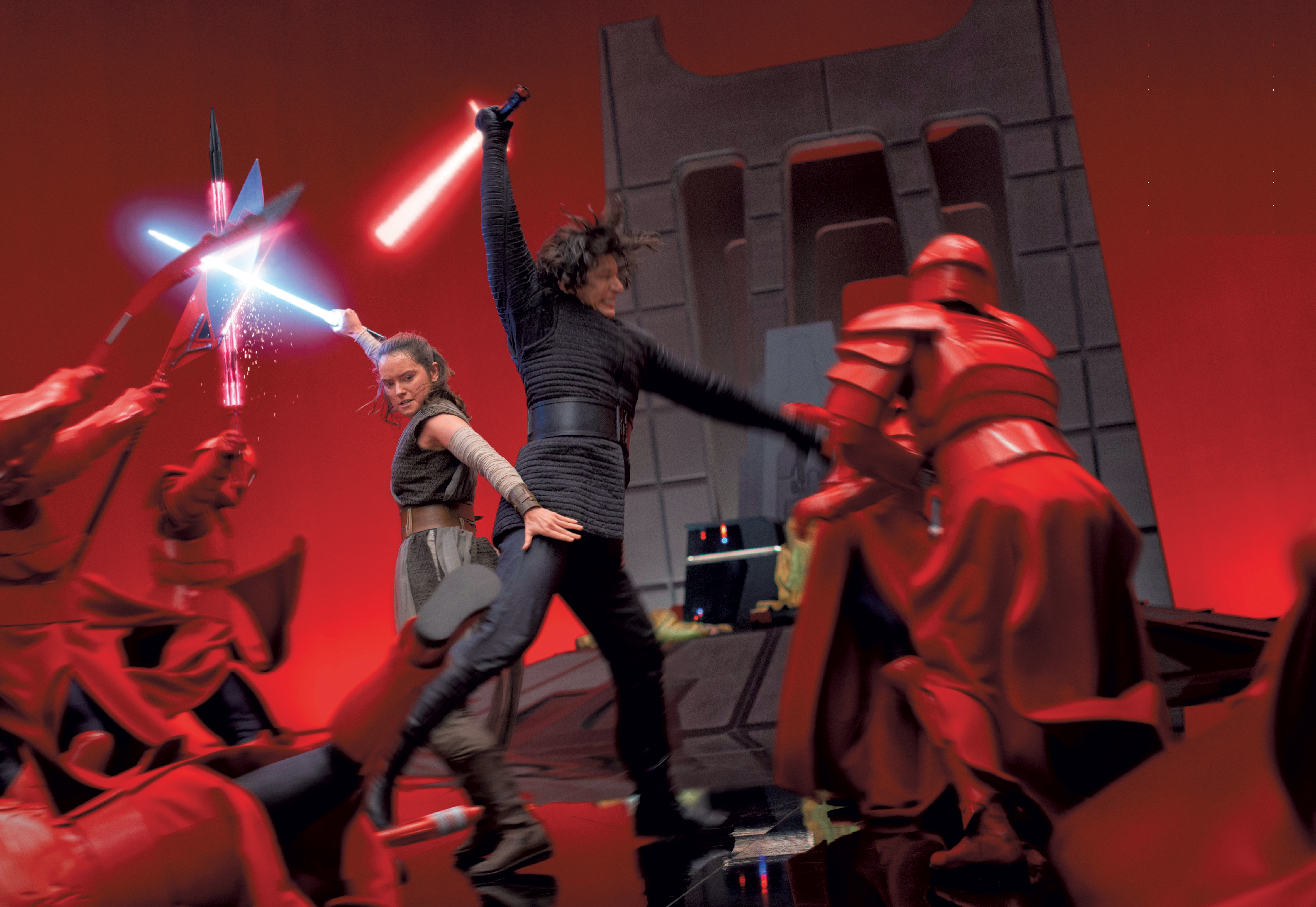 Kylo Ren killed his master, Supreme Leader Snoke, and defeated the Elite Praetorian Guards with Rey's help.