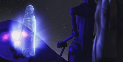 Dooku reporting to Darth Sidious via a hologram projector in his ship