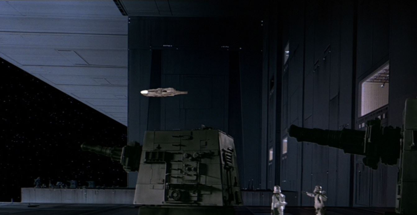 The Falcon is pulled into the Death Star by the station's tractor beams.