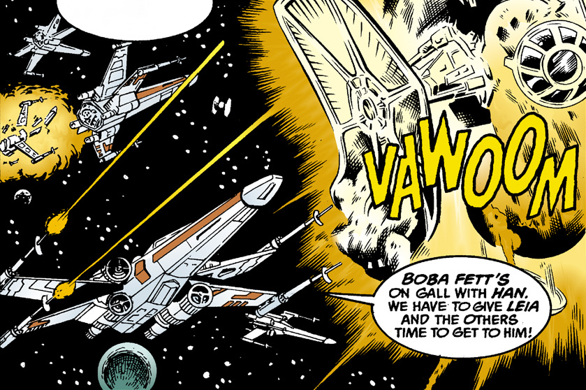 Dix Rivan's X-wing fighter (far left) is destroyed during the Battle of Gall.