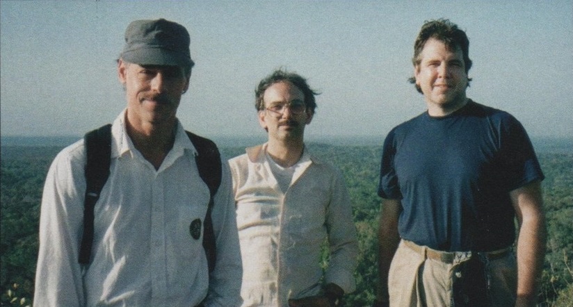 Luceno (left) wrote Hero's Trial as a tribute to Brian Daley (right). The two are pictured here with Chris Barbieri in Nakbe, Guatemala, in 1994.