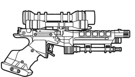 The S-5 heavy blaster pistol from the Arms & Equipment Guide, an example of Trevas's line art