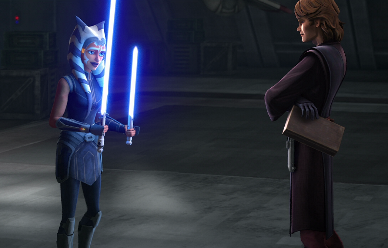 Ahsoka Tano was given her old lightsabers back by Anakin Skywalker, who had modified them in the interim.