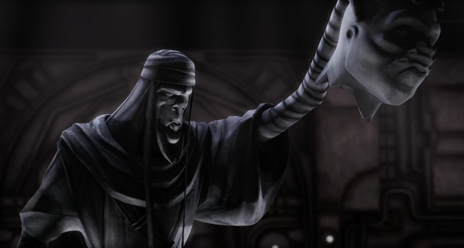 A statue of Grievous during his days as a Kaleesh warrior, holding a decapitated enemy's head, a Skrilling species.