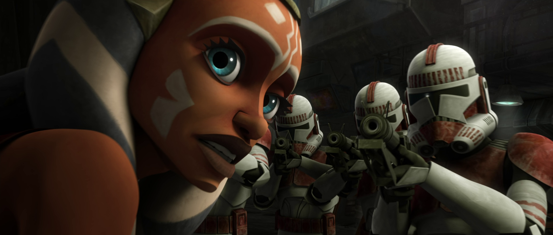 Coruscant Guards hold Tano at blaster point