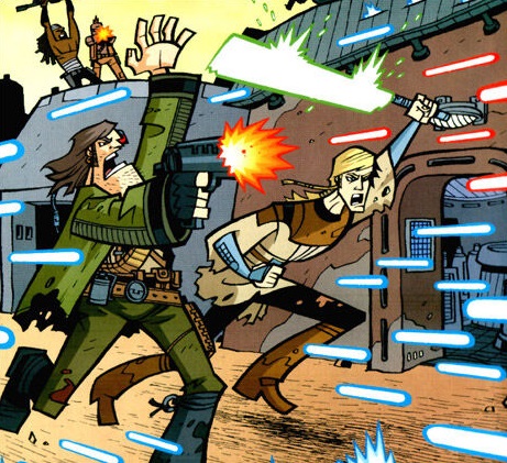 Joc Sah and Gaan charge the clone troopers.