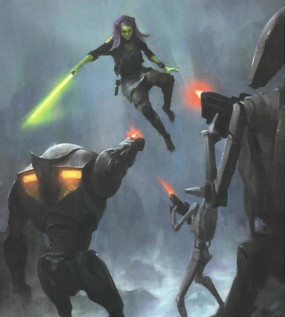 A Mirialan fights several battle droids during the Clone Wars.