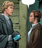 Jedi Knight Luke Skywalker and his apprentice Leia Organa discussing the Archivist's holocron after discovering it.