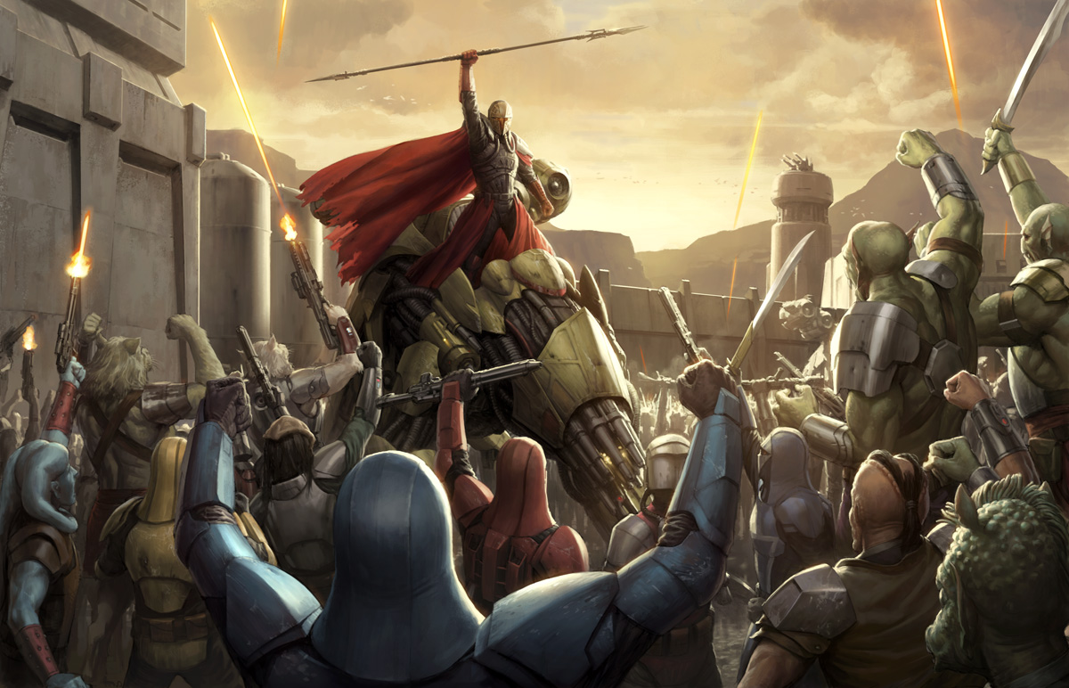 Mandalore The Ultimate gives a rousing speech to his followers.