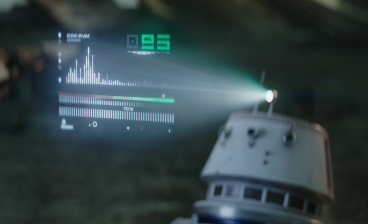 Astromech droid R5-D4 displaying the readings of Mandalore's Type I atmosphere