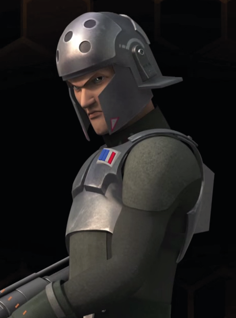 Agent Kallus, wearing the distinctive helmet of the ISB, designed to symbolize their status and instill fear within opponents.