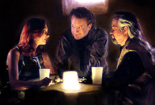 Talon Karrde (portrayed by Zahn, right) with Mara Jade (portrayed by Shannon McRandle) and Corran Horn (portrayed by Michael Stackpole).