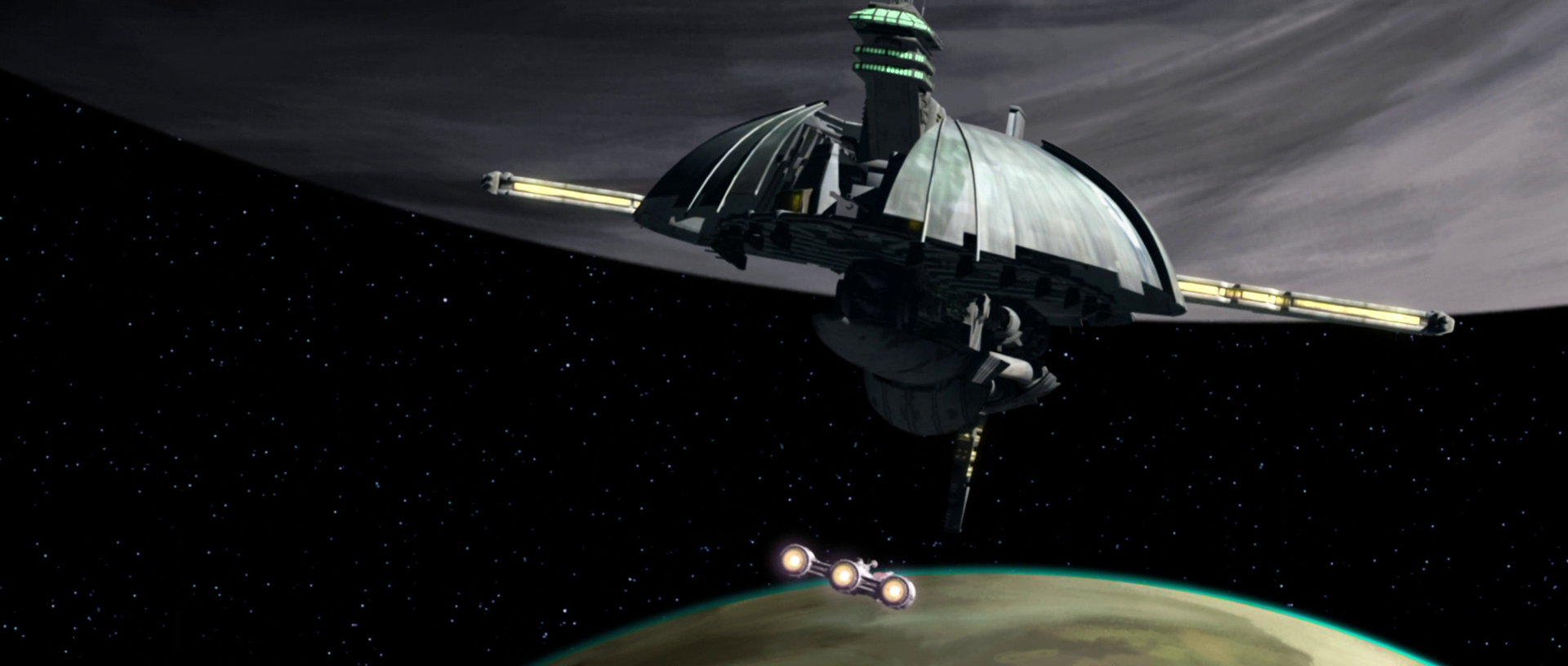 Yoda's ship being ambushed by the Separatists.