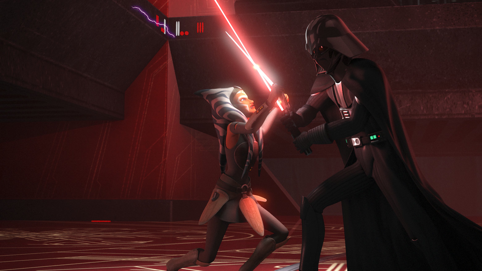 Vader locks blades with his former apprentice.