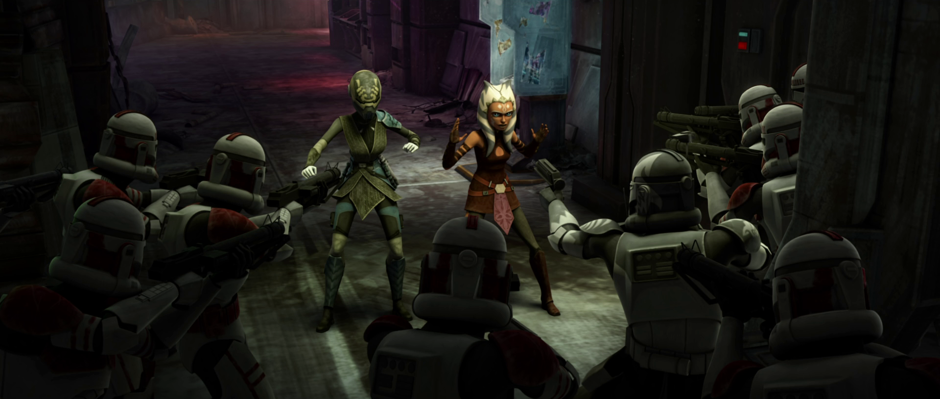 Wolffe and his Coruscant Guard troopers corner Tano and Ventress.