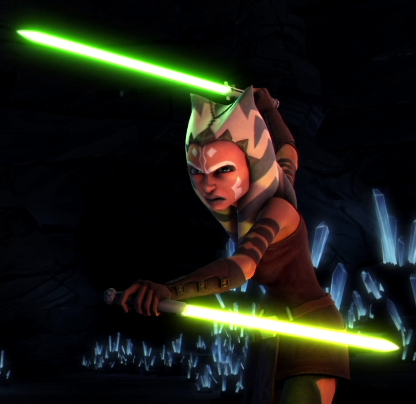 Ahsoka Tano wielding both of her lightsabers on Mortis.