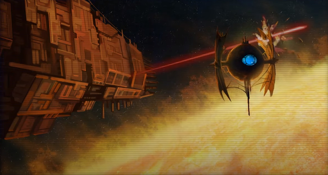 Gav Daragon's battleship fires on Sadow's Naga Sadow's Mothership