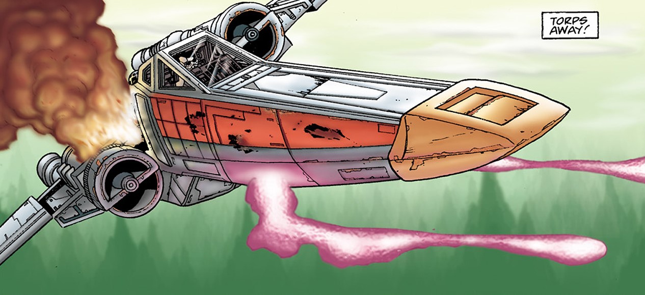 Herian's X-wing starfighter fires proton torpedoes into the Sith temple.