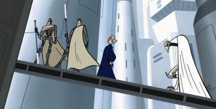 Grievous hauling a captured Palpatine aboard his tri-wing shuttle