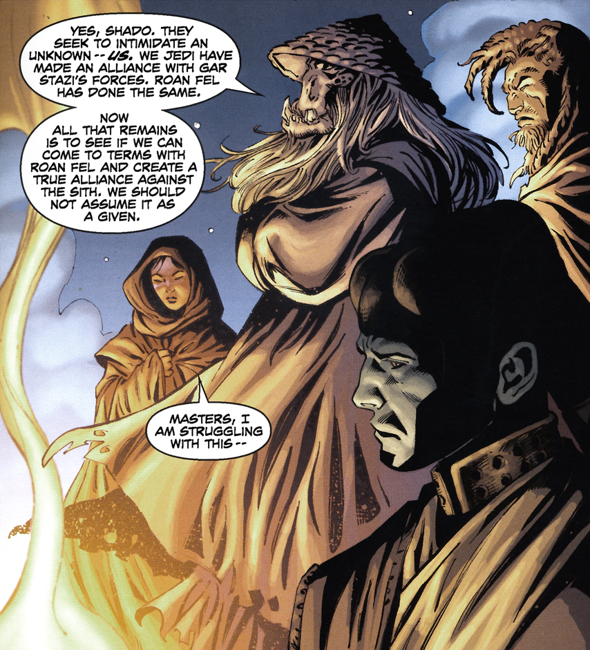 K'Kruhk and other Jedi on Agamar discuss Roan Fel and his Imperial Knights.