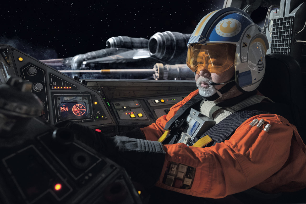 Carson Teva in the cockpit of his T-65B X-wing