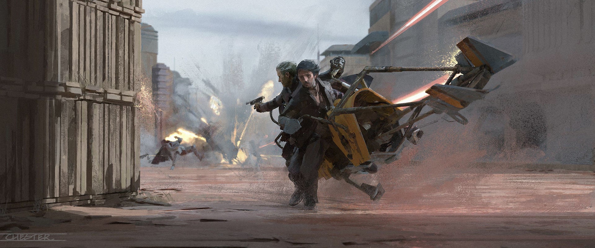 Concept art of Cassian Andor and Luthen Rael escaping Ferrix by Chester Carr and Luke Hull