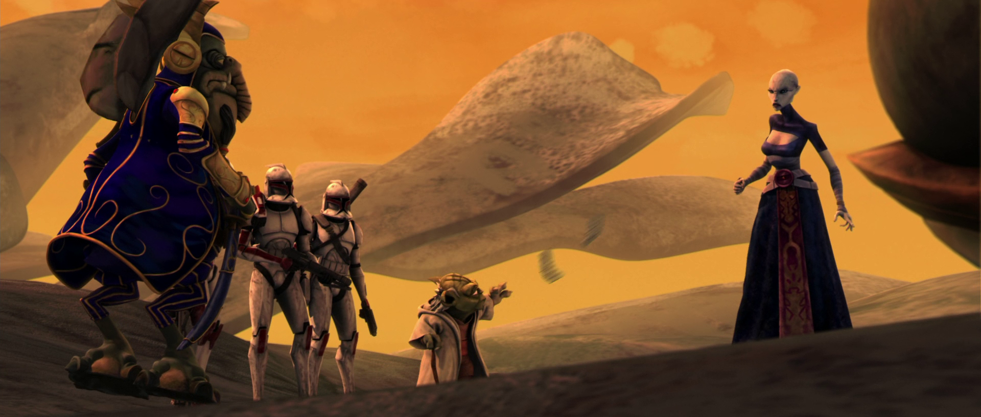 Rys confronted Asajj Ventress with Yoda and the other clones.