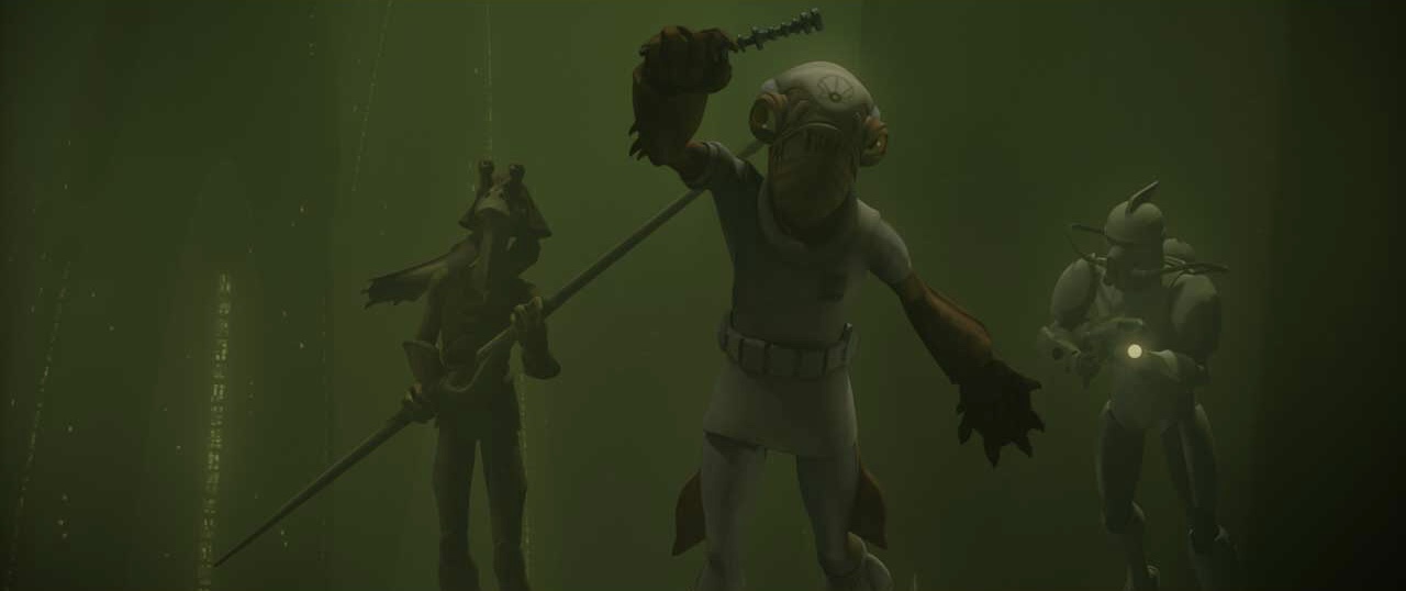 Ackbar swims alongside a Gungan and a clone.