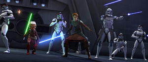 Rex, Anakin Skywalker, and Ahsoka Tano confront Cad Bane's battle droids on the frigate's gunnery deck.