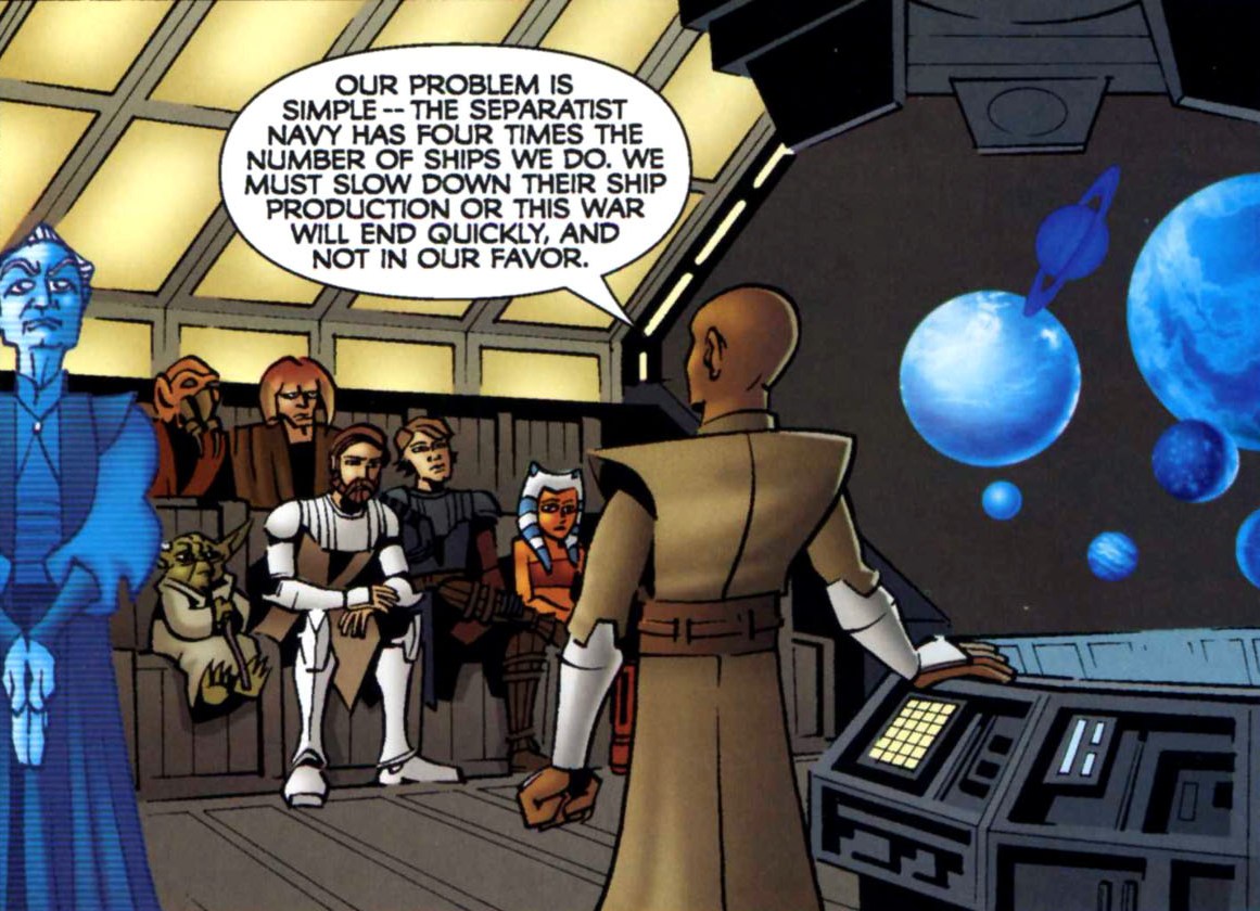 Mace Windu briefs other Jedi on the Separatist advantage in the number of starships.