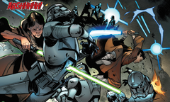 Caleb Dume and Depa Billaba fight clone troopers