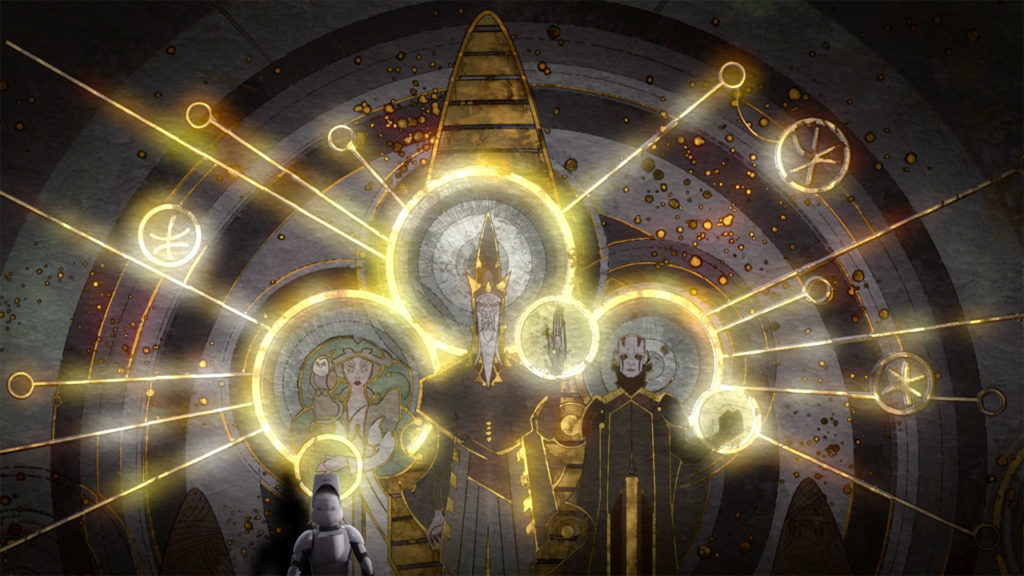 A painting of the Daughter, the Father and the Son at Lothal's Jedi Temple.